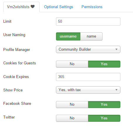 VM2Wishlists component options